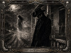 A brooding cowboy in black stands beside a weathered porch as Delias ghostly figure drifts along a moonlit rural road. Deep charcoal textures, smoky mist, stark shadows, and pale silver highlights create a mournful Gothic Western mood. An ornate metal frame features skulls, roses, barbed wire, guitars, boots, and whiskey glasses.