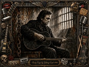 Johnny Cash sits alone in a decaying prison-like room, gripping a dark acoustic guitar beneath harsh barred-window light. Deep charcoal blacks, rusted browns, and muted golds create a grim, defiant mood. An ornate rock-and-roll frame surrounds him with microphones, guitars, records, chains, skulls, tickets, and vintage music memorabilia.
