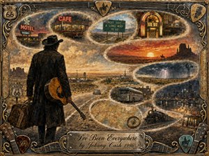 A lone black-clad traveler stands beside a winding highway, guitar and suitcase in hand, surrounded by feathered memory scenes of diners, motels, deserts, storms, cities, trains, and buses. Warm sepia, rust, gold, and smoky blue tones create a nostalgic Americana mood, framed with ornate guitar strings, picks, maps, and engraved metal.