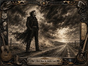 A lone man in black stands defiantly beside a desolate highway beneath turbulent storm clouds, his coat whipping in the wind. Rendered in richly textured charcoal and sepia tones, the scene feels rugged, resolute, and cinematic. An ornate Western music frame surrounds him with guitars, records, metalwork, road symbols, and an engraved title plate.