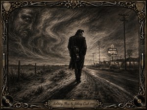 A lone, black-clad traveler walks an empty Route 66 highway beneath a turbulent charcoal sky, carrying a guitar through a desolate landscape of fences, telephone poles, and a glowing motel. Sepia-gray tones, dramatic shadows, ghostly musical imagery, and intricate metallic framing create a somber, reflective portrait of solitude and endurance.