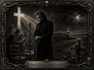 A solemn man in black stands beside a vintage microphone in a shadowy chapel merging into a lonely desert road. Deep charcoal blacks and smoky grays create a mournful, spiritual mood, pierced by cross-shaped light and moonlight. Ghostly figures, a roadside cross, roses, ornate metalwork, cables, and engraved framing enrich the dramatic composition.