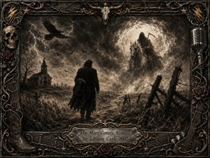 A lone dark-clad traveler walks through a desolate country landscape toward a spectral horseman emerging from swirling clouds. Deep charcoal blacks, smoky grays, and sepia tones create an ominous, prophetic mood. Lightning, ravens, a weathered church, broken fencing, roses, skulls, musical relics, and an ornate metal frame intensify the apocalyptic atmosphere.
