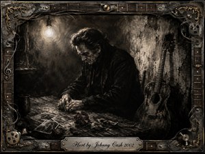 An elderly man sits bowed over a scarred wooden table in a dim, decaying room, surrounded by faded photographs, a wilted rose, and a weathered acoustic guitar. Deep charcoal textures, smoky sepia tones, and stark bulb lighting create a mournful, reflective atmosphere, enclosed by an ornate, music-themed metal frame.