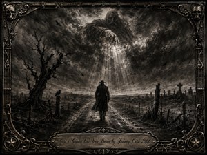 A lone black-clad figure walks a muddy road beneath a violent, storm-filled sky, where a spectral hand reaches through shafts of pale light. Dead trees, ravens, fences, and grave markers deepen the ominous mood. Rich charcoal textures, smoky grays, and stark contrasts are enclosed by an ornate gothic metal frame.