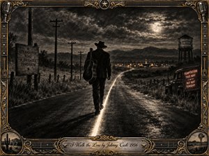 A lone cowboy musician walks a moonlit rural highway, following a glowing center line toward a distant town beneath stormy charcoal clouds. Deep blacks, sepia browns, and muted gold create a solemn, steadfast mood. Ornate guitar-string framing, vintage microphones, western emblems, and an engraved title plate complete the dramatic nostalgic composition.