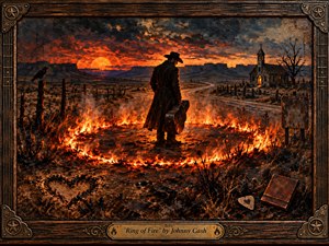 A solitary black-clad cowboy stands within a blazing circle of fire on a dusty desert road, guitar case in hand. A fiery sunset silhouettes distant mesas, a weathered church, fences, and a watchful crow. Rich orange, charcoal, and bronze tones, dramatic lighting, textured painterly surfaces, and an ornate Western frame create a brooding, cinematic atmosphere.