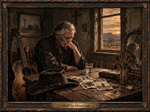 A weary old man sits alone at a rough wooden table in a decaying room, bowed in quiet sorrow as sunset glows through a dusty window. Worn photographs, a guitar, a Bible, wilted roses, and a cracked mirror deepen the mood. Rendered like a richly textured oil painting, the scene feels intimate, haunted, and timeless.