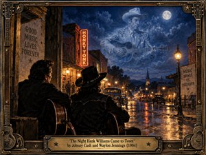 A nostalgic oil painting captures two country musicians overlooking a rain-soaked 1950s town beneath a moonlit sky. Hank Williams appears ghostlike among swirling blue clouds, his guitar echoing musical history. Warm amber streetlights, vintage automobiles, glowing honky-tonk signs, and an ornate guitar-themed frame create a timeless, reverent atmosphere.