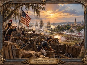 A richly detailed historical painting depicts American defenders overlooking a smoky battlefield near New Orleans as British troops advance beneath a glowing sunset. Cannons, earthworks, sailing ships, mossy trees, and distant architecture create dramatic depth. Warm gold, brown, blue, and crimson tones reinforce the tense, heroic period atmosphere.