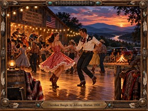 A lively 1950s barn dance unfolds beneath glowing string lights as a joyful couple swings across polished wooden boards. Warm amber firelight contrasts with a blue and coral mountain sunset, while musicians, dancers, vintage cars, rustic textures, and an ornate Western frame create a richly detailed nostalgic Americana scene.