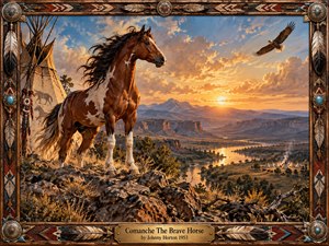 A proud pinto horse stands on a rugged overlook above a winding river, distant mesas, and a quiet tipi camp beneath a radiant Western sunset. Warm gold, rust, turquoise, and blue tones enrich the detailed oil-painted scene, while an eagle, dramatic clouds, carved ornament, feathers, and weathered textures evoke courage and remembrance.