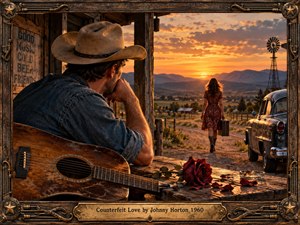 A weary cowboy watches a woman carrying a suitcase disappear down a dusty country road at sunset. A battered guitar and fading red rose dominate the weathered porch, reinforcing heartbreak and betrayal. Warm amber light, distant mountains, a windmill, vintage car, and ornate Western frame create a richly cinematic period atmosphere.