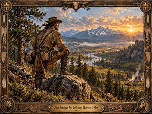 A rugged frontiersman surveys a vast mountain valley from a rocky overlook, framed by weathered timber and Western ornament. Golden sunset light washes across winding rivers, pine forests, distant snowy peaks, horses, and a small camp. Rich earth tones and detailed painterly textures create a reflective, adventurous frontier mood.