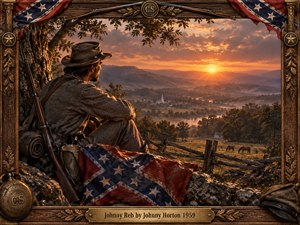A weary Confederate soldier rests beneath a tree overlooking a peaceful mountain valley at sunset, surrounded by a rifle, weathered flag, and field gear. Warm amber light, drifting mist, distant farms, and rugged wooden framing create a reflective historical atmosphere, rendered with richly textured, cinematic realism.