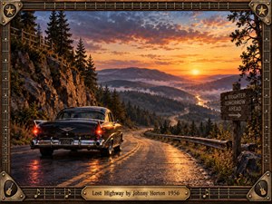 A black 1950s car travels a rain-slick mountain highway toward a glowing sunset, surrounded by rugged cliffs, pine forests, misty valleys, and distant peaks. Warm gold and orange light contrasts with cool blue shadows, creating a reflective, wandering mood. A handcrafted guitar-inspired frame reinforces the vintage country atmosphere.