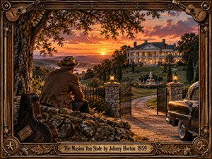 A solitary cowboy watches a glowing hilltop mansion beyond open iron gates at sunset, surrounded by rolling countryside, a fountain, lanterns, and an old automobile. Warm amber light and deep rustic shadows create a wistful, regretful mood, while the ornate carved musical frame reinforces the vintage country atmosphere.