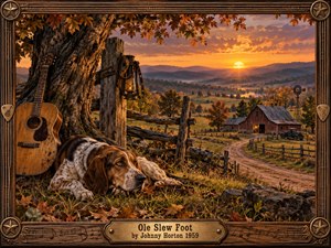 A weary hound rests beside a weathered acoustic guitar beneath an autumn tree, overlooking a rustic farm valley glowing at sunset. Split rail fences, a winding road, red barn, windmill, and distant hills create nostalgic country depth, while warm amber light and richly textured realism evoke rugged rural Americana.