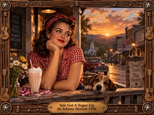 A smiling young woman rests at a rustic diner counter beside a milkshake and sleepy dog, overlooking a warmly lit small town at sunset. Rich amber light, weathered wood, vintage storefronts, a red pickup, wildflowers, and carved guitar details create a nostalgic, handcrafted 1950s country atmosphere.