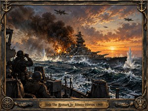 A dramatic oil-painted naval battle shows the Bismarck engulfed in fire and smoke amid churning blue-green seas, towering shell splashes, and circling aircraft. Golden sunset light contrasts with dark storm clouds while sailors observe from a nearby warship. An ornate weathered maritime frame and engraved brass plate complete the wartime composition.