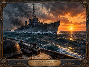 A weathered destroyer surges through dark, turbulent seas beneath towering storm clouds and a fiery orange sunset. Gleaming waves, smoke, distant vessels, and silhouetted sailors create a tense wartime atmosphere. A rain-speckled helmet, binoculars, and chart fill the foreground, framed by ornate naval metalwork and aged brass.