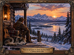 A solitary frontiersman and resting husky overlook a frozen Alaskan valley from a rustic cabin porch. Golden sunset light warms snowy mountains, dark pines, and an icy river, creating a reflective frontier mood. Rich painterly detail, weathered timber, glowing lantern light, and an ornate Western frame reinforce the wintry period atmosphere.