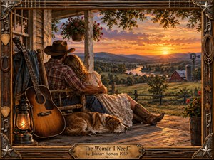 A country couple rests together on a weathered farmhouse porch overlooking rolling fields, a winding river, barn, and glowing sunset. Warm amber light, rustic wood textures, a resting dog, guitar, lantern, and western decorative frame create a tender, nostalgic atmosphere in richly detailed painterly realism.