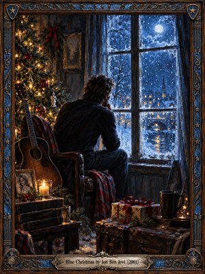 A solitary man sits beside a glowing Christmas tree, gazing through a frosted window at a moonlit, snow-covered town. Warm candlelight, a resting guitar, wrapped gifts, and a faded portrait contrast with icy blues outside. Rich oil-paint textures and an ornate musical frame deepen the scenes quiet loneliness.