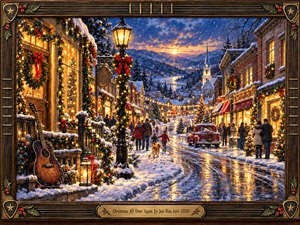 A warmly glowing Christmas village stretches along a winding, snow-covered street at twilight. Golden shop windows, festive wreaths, strolling families, and a vintage red truck illuminate the blue winter landscape. A guitar rests beside a lantern, while distant mountains shimmer beneath a sunset. Ornate wood and brass frame the painterly scene.