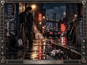 A brooding leather-clad rebel stands beside a battered guitar case on a rain-soaked city street. Neon signs, distant towers, a motorcycle, and a shadowy muscle car illuminate glistening pavement. A discarded white glove suggests hidden virtue beneath rough appearances. Dramatic cinematic photography meets an ornate metallic rock-inspired frame.