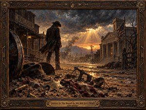 A lone gunslinger surveys a deserted frontier street beneath storm clouds pierced by golden sunset rays. Broken scales, a sheriffs badge, and a discarded hat suggest shattered justice. A weathered saloon and courthouse flank distant mountains, while earthy browns, charcoal shadows, and ornate carved framing enrich the dramatic oil painting.