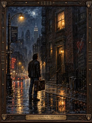A solitary man holding a weathered suitcase stands on a rain-soaked New York street, gazing toward a warmly illuminated apartment window. Moonlit clouds, distant skyscrapers, glowing streetlamps, and shimmering reflections create a melancholy atmosphere. Rich oil painting textures, deep blues, golden highlights, and an ornate guitar-inspired frame evoke heartbreak and longing.