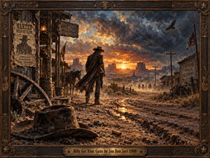 A lone gunslinger faces approaching riders along a dusty frontier street beneath a dramatic sunset. Golden light illuminates weathered buildings, distant mesas, and a waiting horse. A fallen hat, wanted poster, and soaring hawk heighten the tension. Richly textured oil painting captures the scene within an ornate western frame.