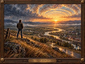 A lone traveler stands on a windswept hillside overlooking a winding river, railroad, and quiet town at sunrise. Golden light pierces dark storm clouds, forming radiant circles above distant mountains. Rich oil-painted textures, amber grasses, and an ornate wooden frame with brass guitar-string details evoke resilience, reflection, and hopeful renewal.