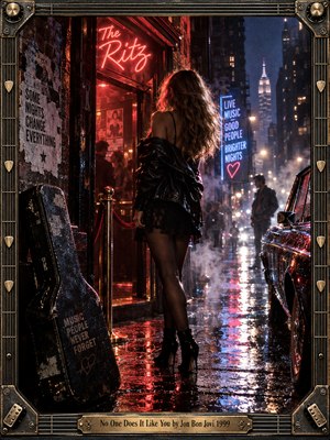A mysterious woman in black leather pauses outside a neon-lit rock club on a rain-soaked city street. Crimson and electric blue reflections shimmer across the pavement as steam rises around a vintage car and distant silhouettes. Cinematic nighttime photography, dramatic backlighting, and an ornate guitar-inspired metal frame evoke romance and longing.