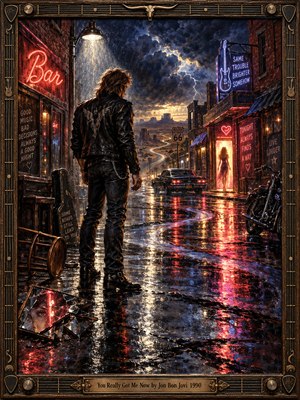 A leather-clad man stands on a rain-soaked street, drawn toward a glowing woman beneath neon signs. Crimson and blue reflections shimmer around a motorcycle, vintage car, and distant desert highway. Storm clouds and golden light heighten the romantic tension in this richly textured oil painting, enclosed by an ornate guitar-themed frame.