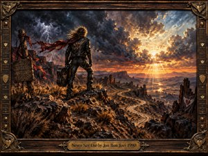 A lone leather-clad traveler stands defiantly on a rocky ridge, guitar case in hand, overlooking a winding desert road. Storm clouds and lightning give way to golden sunlight across distant canyons. Wind-whipped red fabric, weathered signs, and an ornate guitar-inspired bronze frame intensify this dramatic, richly textured oil painting.