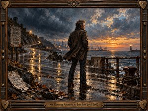 A solitary man stands on a rain-soaked coastal road, facing a glowing harbor beneath turbulent storm clouds. Amber sunset light shimmers across puddles and dark water, while distant cranes and a lighthouse punctuate the horizon. Richly textured oil brushwork and an ornate guitar-inspired bronze frame evoke resilience, reflection, and quiet resolve.