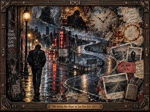 A lone man in a leather jacket walks through a rain-soaked city, where amber streetlights and red neon shimmer across wet pavement. A winding road, cracked clock, whiskey glass, faded photographs, and drifting smoke evoke recurring memories. Layered, weathered collage textures and a guitar-themed frame deepen the somber, nostalgic atmosphere.