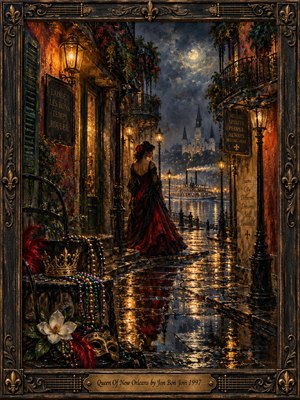 A mysterious woman in a flowing crimson gown stands on a rain-slick New Orleans street beneath glowing lanterns and wrought-iron balconies. Golden reflections lead toward a moonlit riverboat and distant cathedral. Mardi Gras beads, a crown, and a mask evoke faded glamour in this richly textured oil painting framed with ornate bronze.