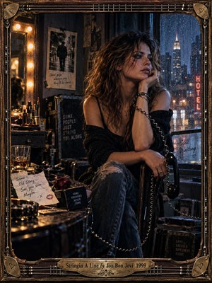 A weary woman sits beside a rain-streaked city window, gripping a dangling telephone amid scattered notes, a fading rose, and backstage clutter. Amber vanity bulbs warm her face against cold blue night lights. Cinematic photographic realism, deep shadows, and an ornate guitar-string frame evoke heartbreak, uncertainty, and promises unkept.