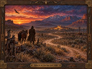 A lone cowboy and saddled horse overlook a winding desert road toward a glowing Southwestern town. Fiery orange sunset clouds sweep above purple mountains and rugged mesas, while a soaring hawk accents the lonely, reflective mood. Rich oil-painted textures and warm light fill the scene, enclosed by ornate Western woodwork.