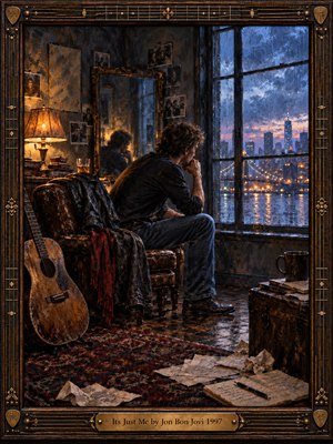 A solitary man sits beside a rain-streaked window, contemplating a glowing city at dusk. Warm amber lamplight contrasts with cool blue shadows, illuminating a weathered guitar, scattered pages, and a reflective mirror. Rich oil-painted textures convey quiet longing, enclosed within an ornate bronze-trimmed wooden frame with musical embellishments.