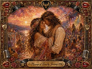 A romantic hippie couple embraces at a glowing sunset music festival, surrounded by flowers, guitars, stage lights, and dancing crowds. Warm gold, amber, rose, and violet tones create a dreamy, nostalgic mood. Rich painterly textures blend oil, acrylic, and watercolor effects, framed by ornate musical details, roses, records, microphones, and vivid red lips.