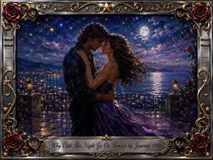 A romantic couple embraces on a moonlit terrace overlooking shimmering water and distant city lights beneath a star-filled indigo sky. Rich oil-painted textures blend deep blues, purples, silver, and warm gold. An ornate chrome-and-gold frame with roses, musical notes, guitar details, and an engraved title plate completes the nostalgic, yearning scene.