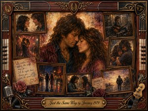 A nostalgic mixed-media collage centers on a tender 1970s couple surrounded by framed memories of dancing, city walks, backstage moments, roses, and handwritten notes. Warm amber, burgundy, muted gold, and smoky blue tones glow softly across textured oil and watercolor surfaces, enclosed by an ornate music-themed rosewood and metal frame.