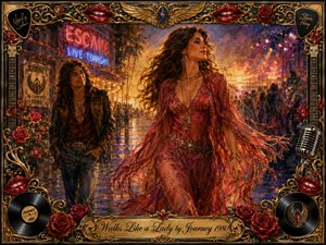 A confident woman in flowing crimson walks through a glowing nighttime concert district, watched admiringly by a long-haired rocker. Warm amber streetlight blends with violet stage illumination, neon signs, crowds, and wet reflections. Rich painterly textures, roses, records, guitars, red lips, gold ornamentation, and an engraved title plate create romantic rock nostalgia.