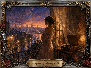 A wistful woman stands beside a glowing balcony window, overlooking a rain-slicked city beneath a violet and amber twilight sky. Warm interior lamplight contrasts with cool urban reflections, while a vintage record player adds nostalgic intimacy. Rich oil-painted textures, roses, chrome, gold filigree, microphone, guitar details, and an engraved title plate complete the romantic composition.