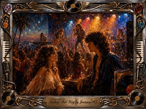 A romantic couple faces each other amid a lively 1970s rock concert, surrounded by dancing silhouettes, musicians, glowing stage lights, and warm amber haze. Rich blues, oranges, and golds create a nostalgic, passionate mood. Expressive oil-painted textures fill the scene, framed by chrome, records, instruments, cables, and ornate gold details.