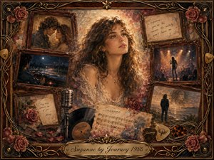 A luminous young woman anchors a nostalgic collage of faded romance, framed memories, handwritten notes, roses, sheet music, vinyl, and vintage microphones. Warm amber, rose, burgundy, and smoky blue tones glow beneath soft golden light. Painterly oil, acrylic, and watercolor textures create a tender, dreamlike atmosphere of love, longing, and memory.